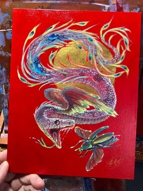 Snake dragon original painting scarab art beetle peacock serpent